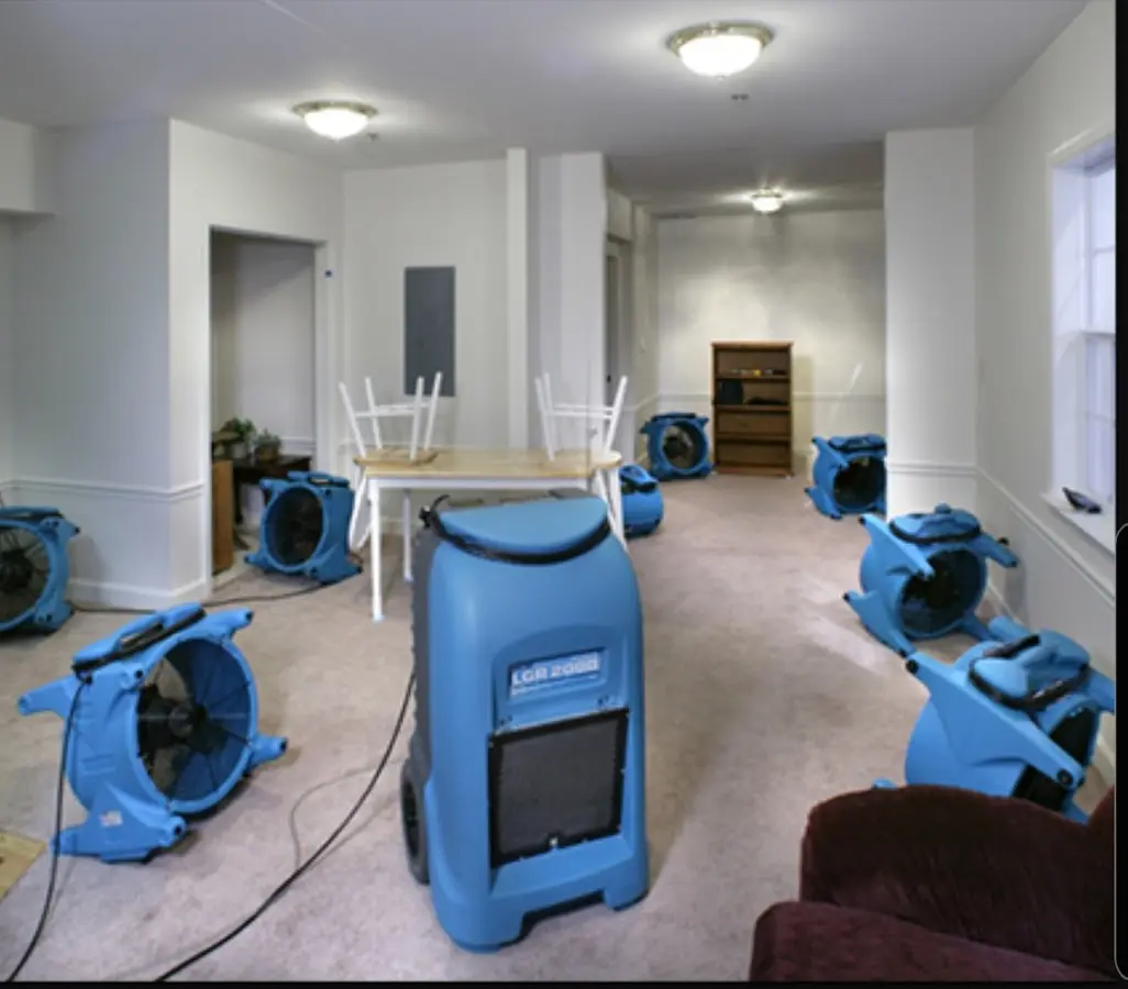 Air movers and dehumidifier setup for Water Extraction & Removal in Brownfield